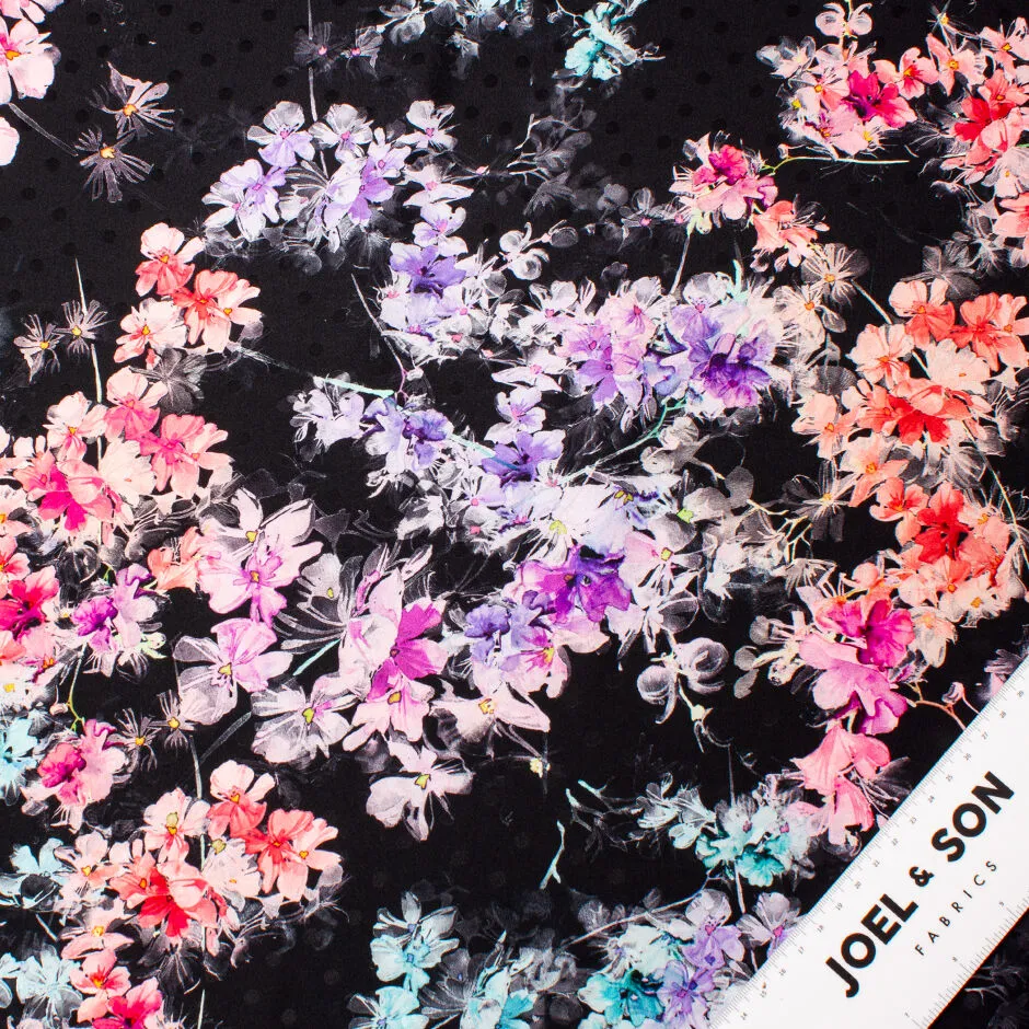 Dainty Pink & Purple Floral Printed Black Silk Jacquard