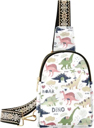 Dinosaur Cartoon Fanny Pack Crossbody PC Leather Small Sling Bag for Women Dino Watercolor Fashion Waist Packs Chest Bag for Travel Sports Running Hiking