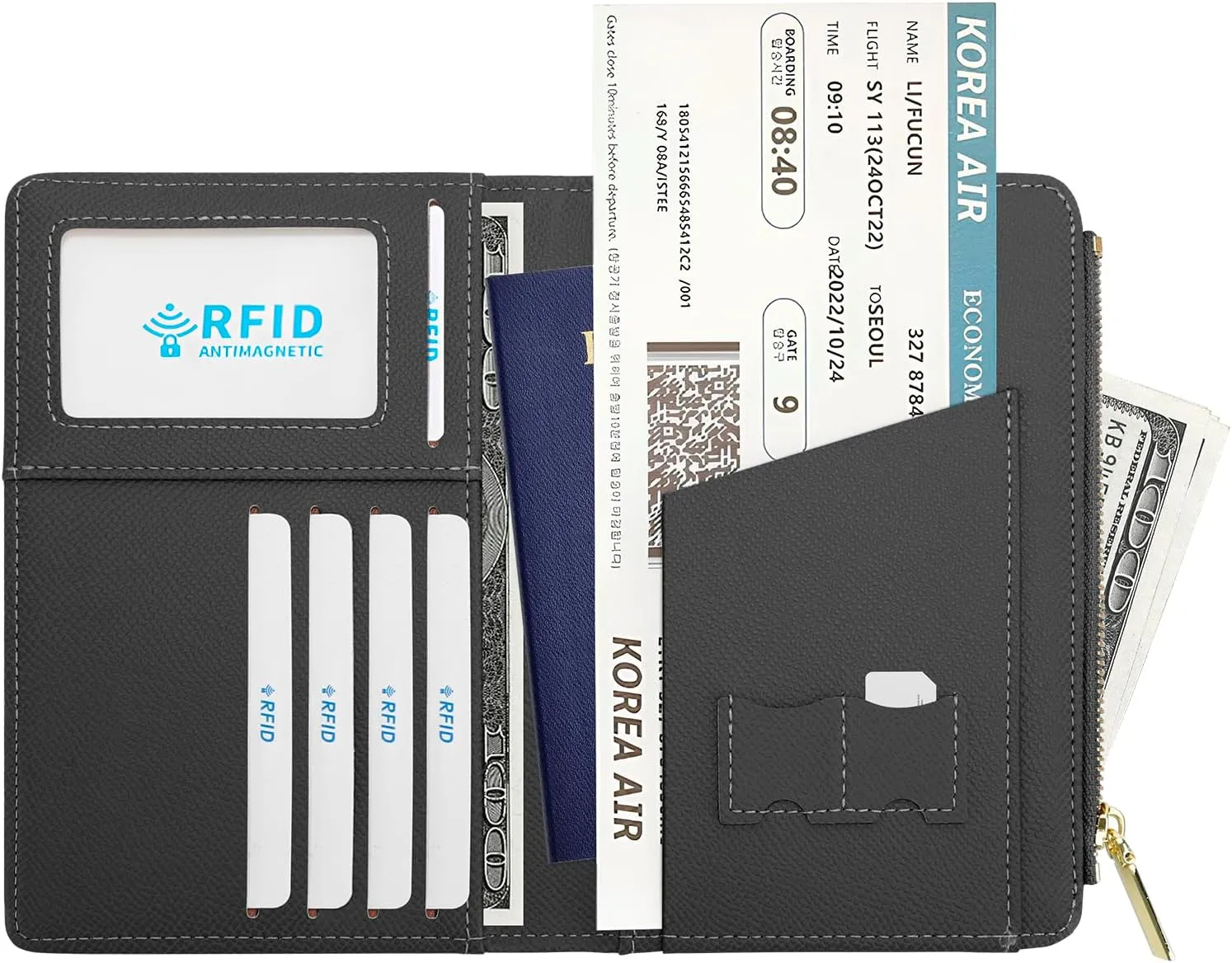 DOB SECHS Leather Passport Holder for Travel Women Slim Passport Wallet RFID Blocking Passport Cover Case with Card Slots, Travel Document Organizer Pouch Bag Zipper Cash Pocket Purse ID Window, Black