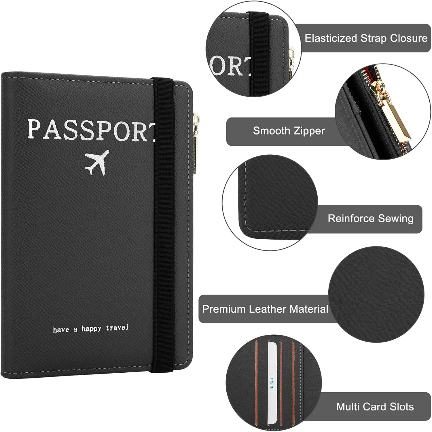 DOB SECHS Leather Passport Holder for Travel Women Slim Passport Wallet RFID Blocking Passport Cover Case with Card Slots, Travel Document Organizer Pouch Bag Zipper Cash Pocket Purse ID Window, Black