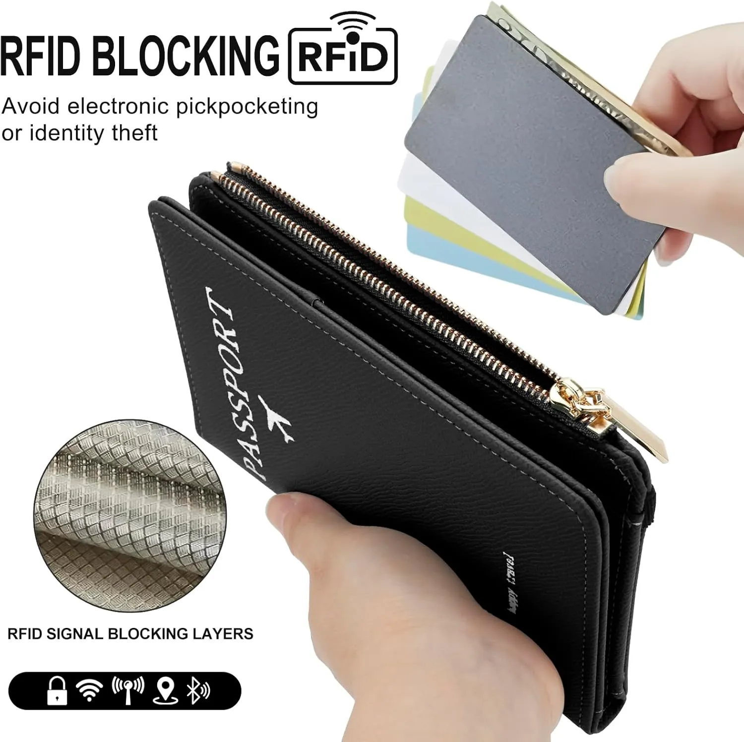 DOB SECHS Leather Passport Holder for Travel Women Slim Passport Wallet RFID Blocking Passport Cover Case with Card Slots, Travel Document Organizer Pouch Bag Zipper Cash Pocket Purse ID Window, Black