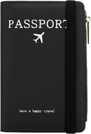 DOB SECHS Leather Passport Holder for Travel Women Slim Passport Wallet RFID Blocking Passport Cover Case with Card Slots, Travel Document Organizer Pouch Bag Zipper Cash Pocket Purse ID Window, Black
