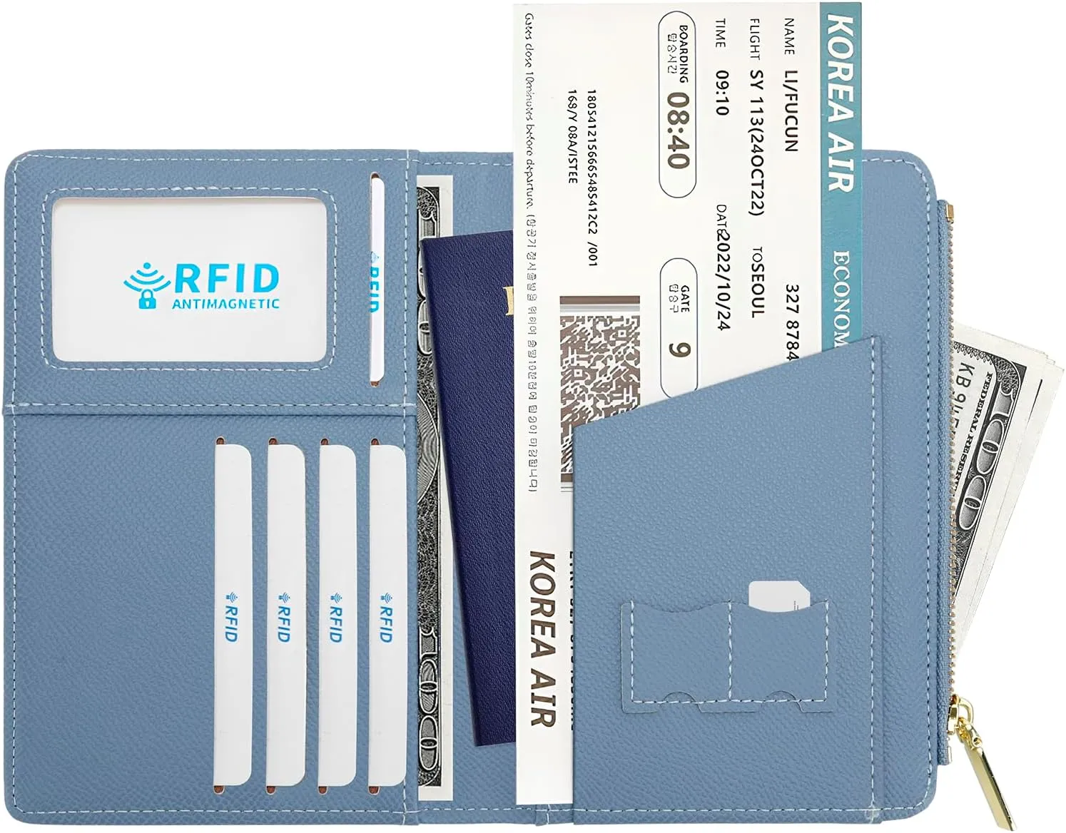 DOB SECHS Leather Passport Holder for Women Travel, RFID Blocking Passport Wallet Slim Passport Cover Case with Card Slots, Travel Document Organizer Pouch Bag Zipper Cash Pocket Purse ID Window, Blue