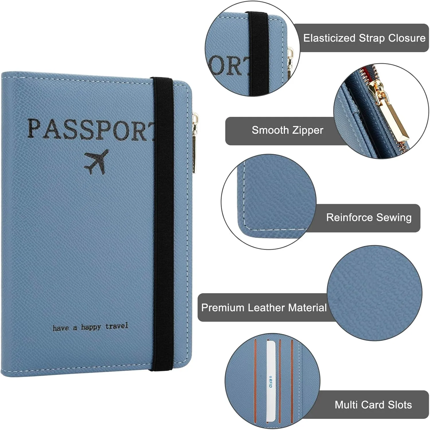 DOB SECHS Leather Passport Holder for Women Travel, RFID Blocking Passport Wallet Slim Passport Cover Case with Card Slots, Travel Document Organizer Pouch Bag Zipper Cash Pocket Purse ID Window, Blue