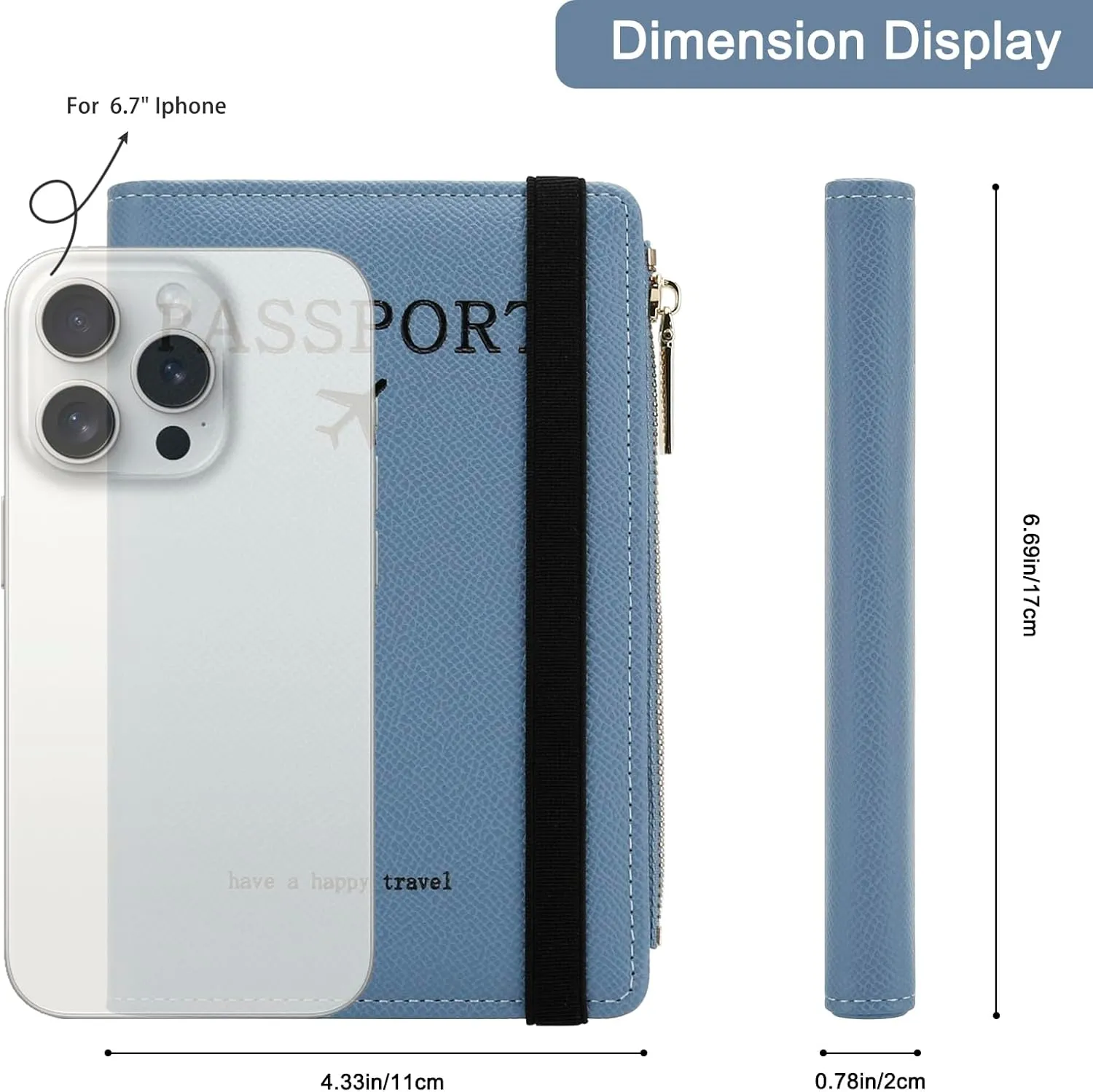 DOB SECHS Leather Passport Holder for Women Travel, RFID Blocking Passport Wallet Slim Passport Cover Case with Card Slots, Travel Document Organizer Pouch Bag Zipper Cash Pocket Purse ID Window, Blue