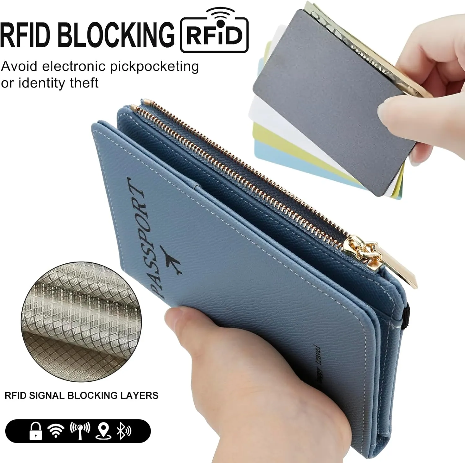 DOB SECHS Leather Passport Holder for Women Travel, RFID Blocking Passport Wallet Slim Passport Cover Case with Card Slots, Travel Document Organizer Pouch Bag Zipper Cash Pocket Purse ID Window, Blue