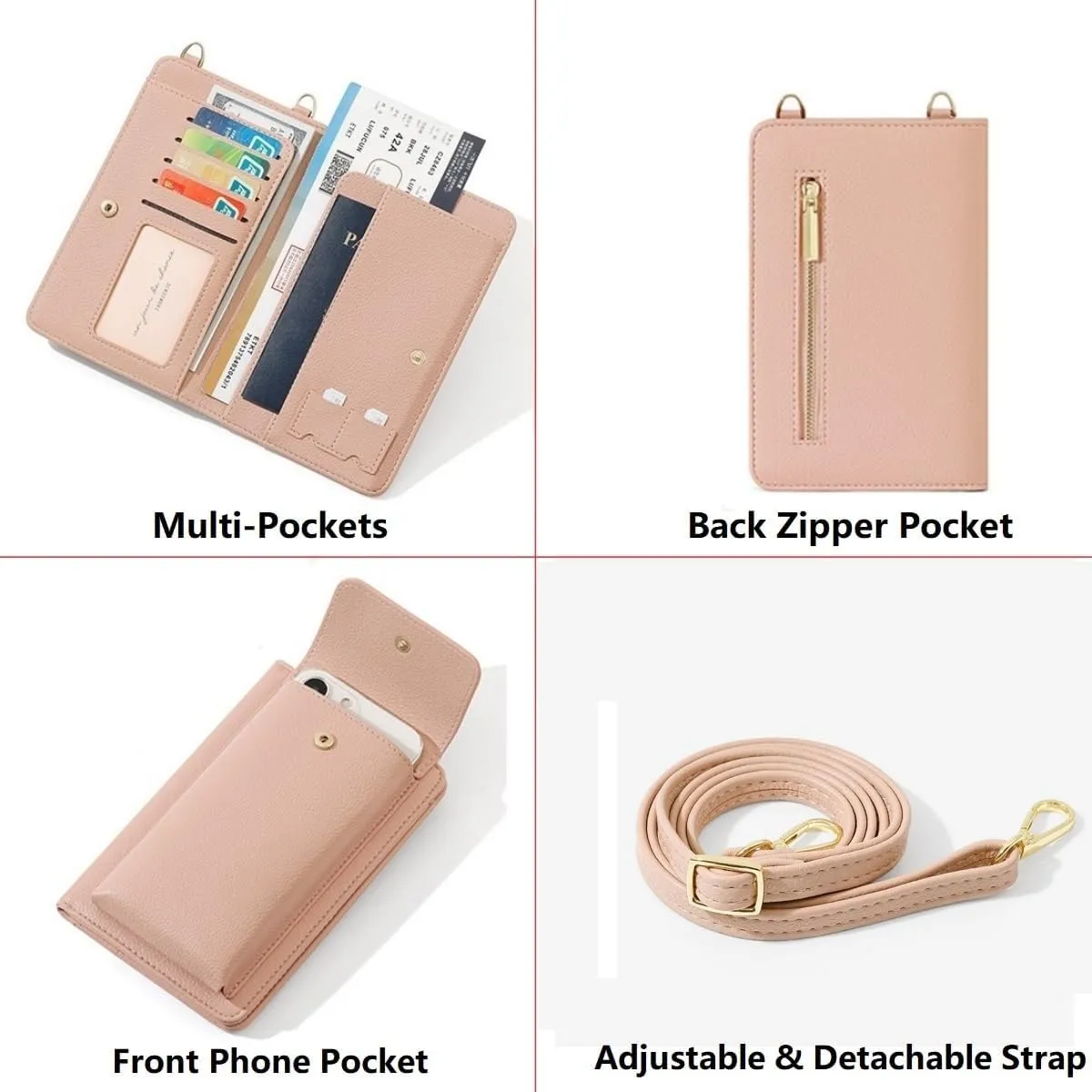 DOB SECHS Leather Passport Wallet Crossbody Phone Bag, RFID Blocking Passport Holder Credit Cards Case for Women