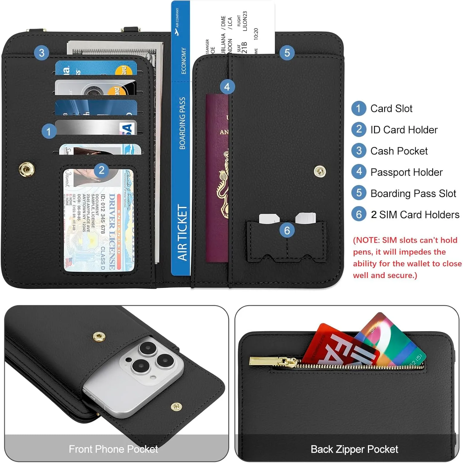 DOB SECHS Leather Passport Wallet Crossbody Phone Bag, RFID Blocking Passport Holder Credit Cards Case for Women