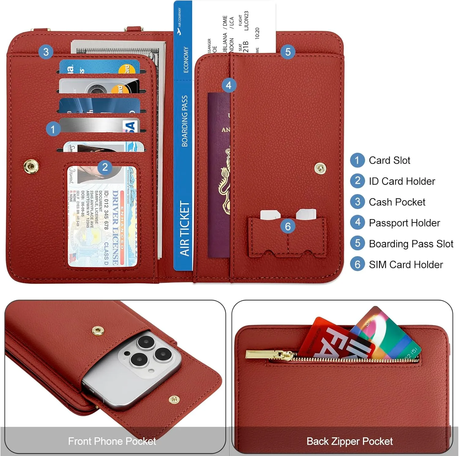 DOB SECHS Leather Passport Wallet Crossbody Phone Bag, RFID Blocking Passport Holder Credit Cards Case for Women
