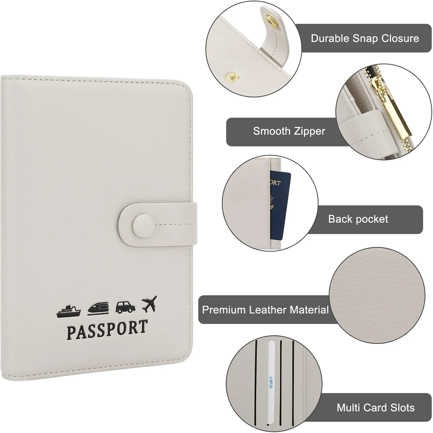 DOB SECHS Passport Holder Wallet for Women, Leather RFID Blocking Passport Cover Credit Cards Case Women Travel Accessories Organizer Pouch Bag with ID Window Zippered Cash Pocket SIM Slots, Apricot