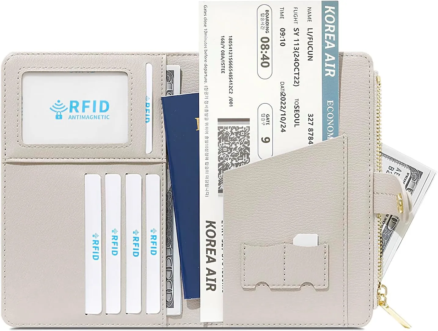 DOB SECHS Passport Holder Wallet for Women, Leather RFID Blocking Passport Cover Credit Cards Case Women Travel Accessories Organizer Pouch Bag with ID Window Zippered Cash Pocket SIM Slots, Apricot