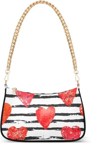 Doodle Red Love Heart with Stripes Shoulder Handbags for Women Travel Hobo Tote Handbag Women Gold Chain Shoulder Bags Purse with Zipper Closure
