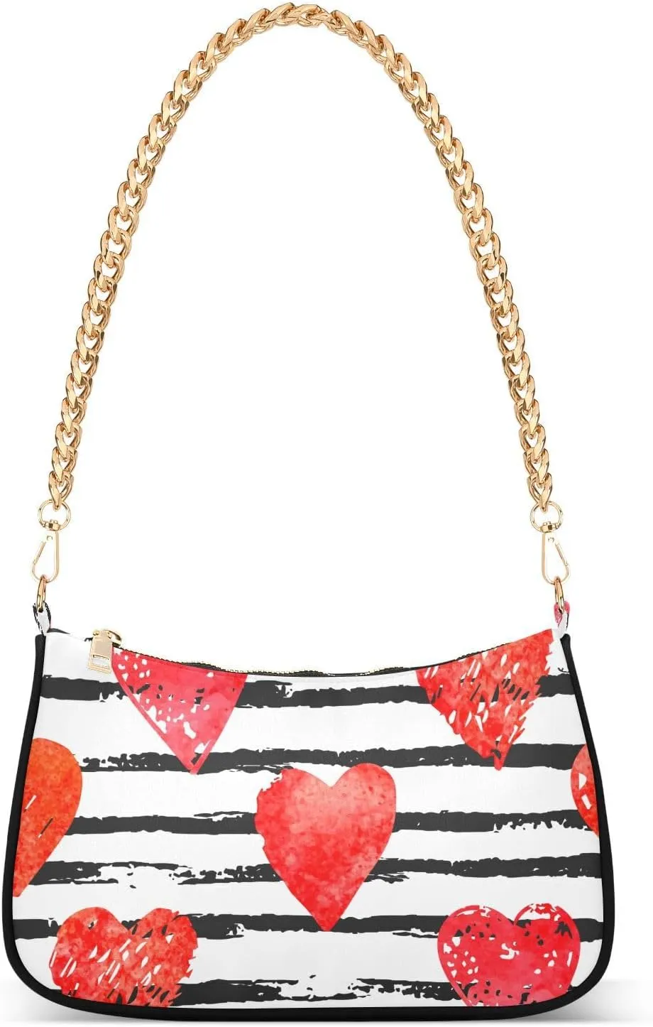 Doodle Red Love Heart with Stripes Shoulder Handbags for Women Travel Hobo Tote Handbag Women Gold Chain Shoulder Bags Purse with Zipper Closure