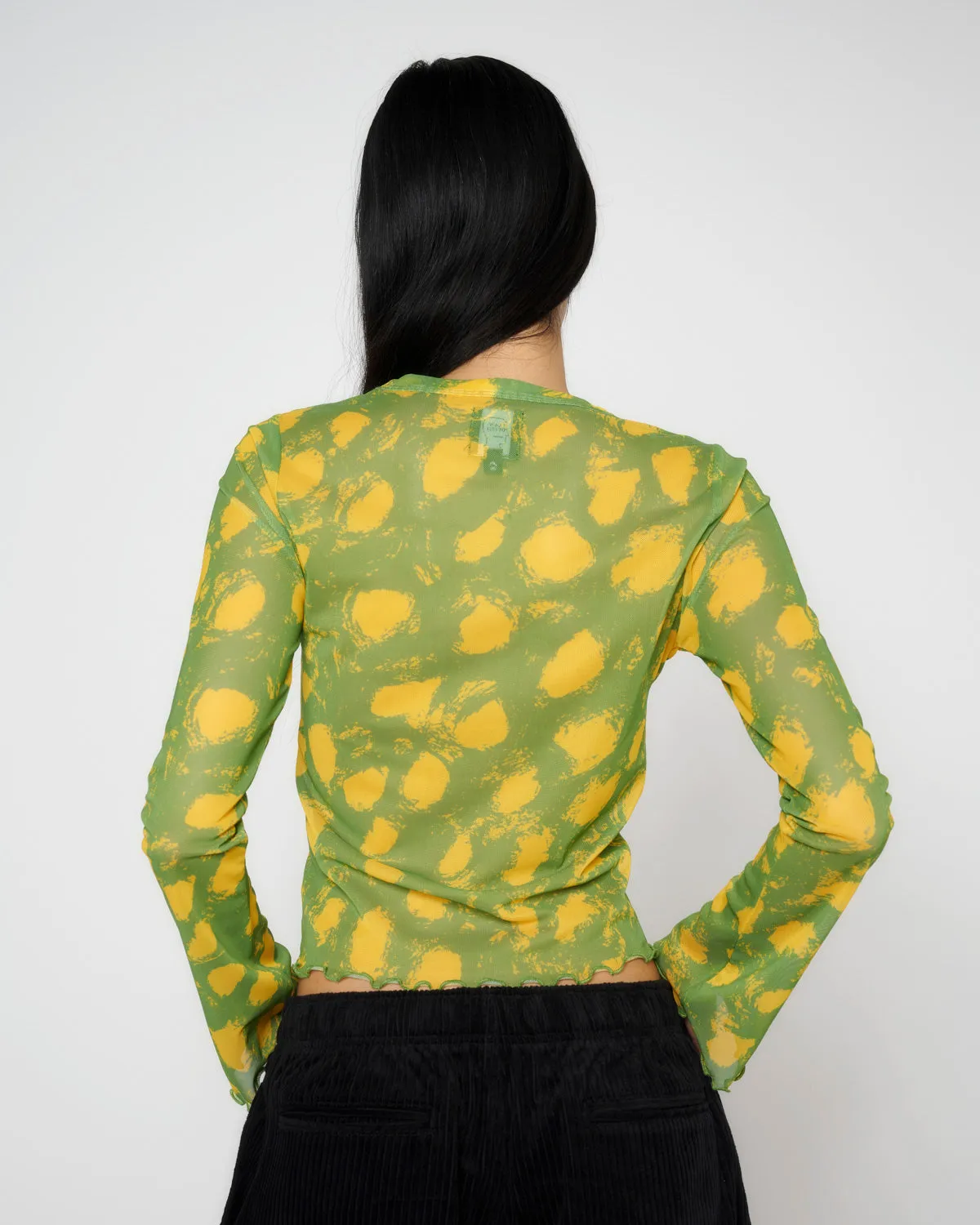 Dot Hyper Mesh Bell Sleeve Top - Lime