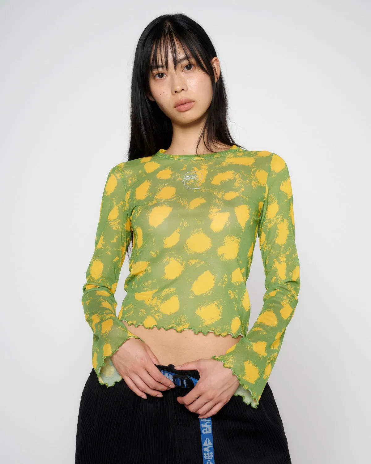 Dot Hyper Mesh Bell Sleeve Top - Lime
