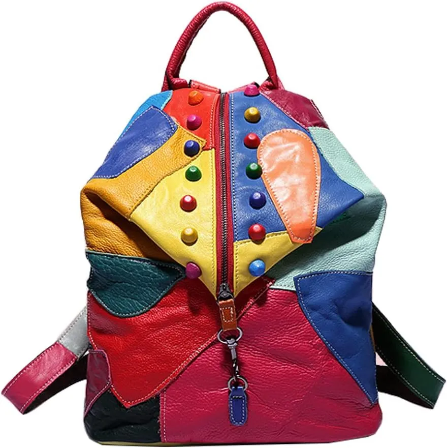 Downupdown Genuine Leather Backpacks for Women Fashion Multicolour Stitching Backpack Ladies Shoulder Bags Satchel Backpacks