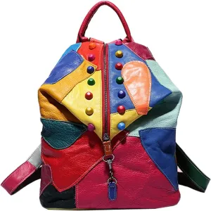 Downupdown Genuine Leather Backpacks for Women Fashion Multicolour Stitching Backpack Ladies Shoulder Bags Satchel Backpacks