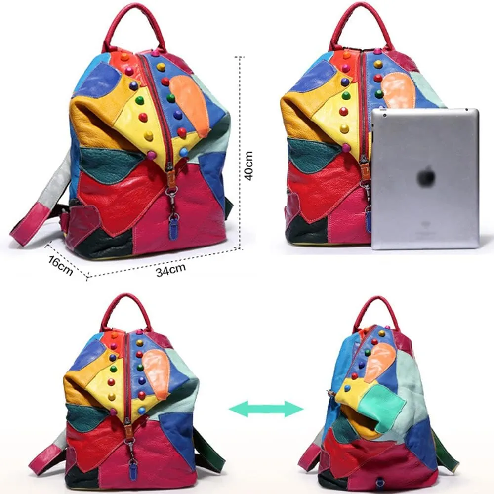 Downupdown Genuine Leather Backpacks for Women Fashion Multicolour Stitching Backpack Ladies Shoulder Bags Satchel Backpacks