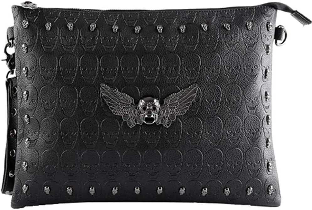 Downupdown Men&Women Clutch Skull Rivet Purse Punk Clutch Handbags Wallet with Shoulder Strap Messenger Bag Party Purse Phone Bag