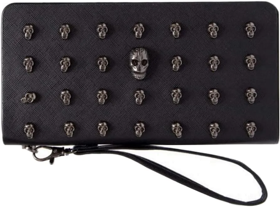 DownUpdown Skull Wallets for Women Wristlet Purses Clutch Black Zipper Purse Faux Leather Punk Gothic Cool Long Wallet Men