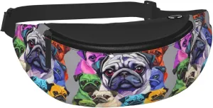 Dujiea Fanny Pack, Colorful Pug Dogs Funny Puppy Waist Bag with Headphone Hole Belt Bag Adjustable Sling Pocket Fashion Hip Bum Bag for Women Men Kids Outdoors Casual Travelling Hiking Cycling