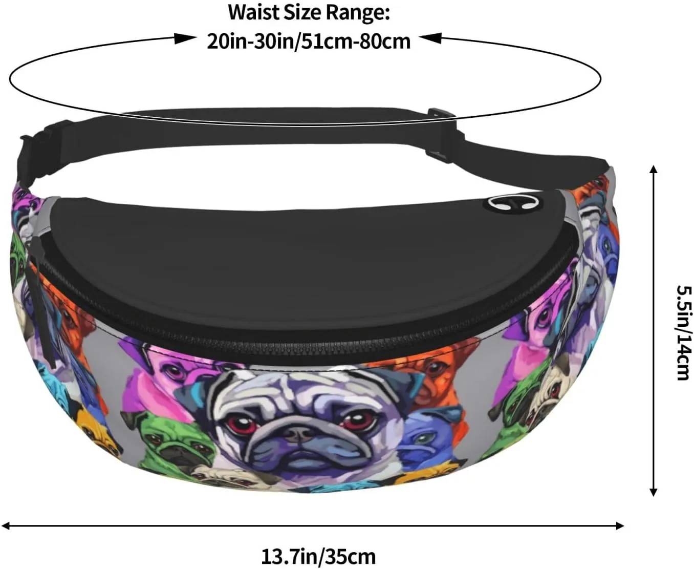 Dujiea Fanny Pack, Colorful Pug Dogs Funny Puppy Waist Bag with Headphone Hole Belt Bag Adjustable Sling Pocket Fashion Hip Bum Bag for Women Men Kids Outdoors Casual Travelling Hiking Cycling