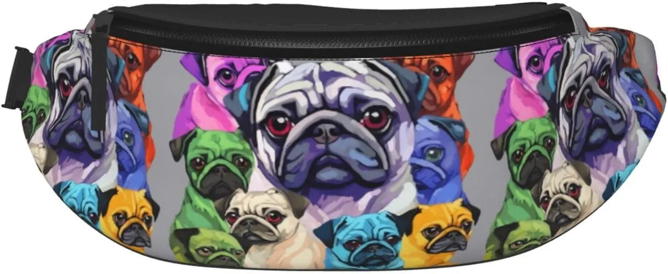 Dujiea Fanny Pack, Colorful Pug Dogs Funny Puppy Waist Bag with Headphone Hole Belt Bag Adjustable Sling Pocket Fashion Hip Bum Bag for Women Men Kids Outdoors Casual Travelling Hiking Cycling