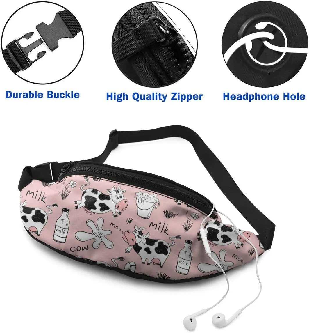 Dujiea Fanny Pack, Funny Cow Milk Print Waist Bag with Headphone Hole Belt Bag Adjustable Sling Pocket Fashion Hip Bum Bag for Women Men Kids Outdoors Casual Travelling Hiking Cycling