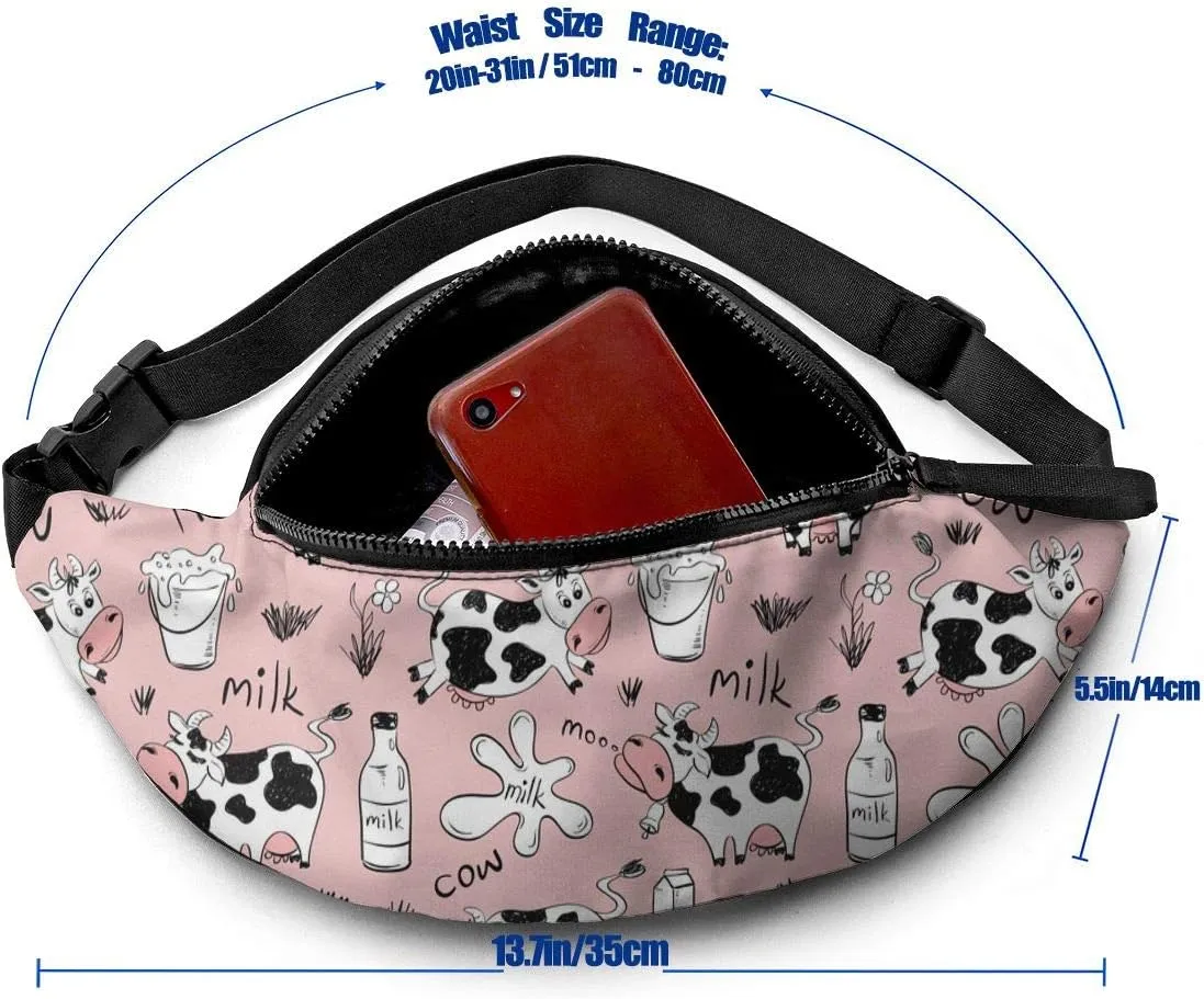 Dujiea Fanny Pack, Funny Cow Milk Print Waist Bag with Headphone Hole Belt Bag Adjustable Sling Pocket Fashion Hip Bum Bag for Women Men Kids Outdoors Casual Travelling Hiking Cycling