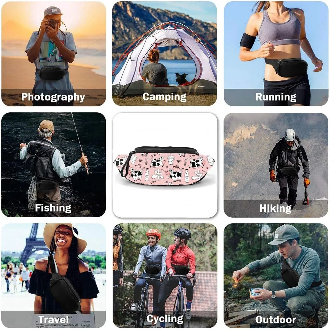 Dujiea Fanny Pack, Funny Cow Milk Print Waist Bag with Headphone Hole Belt Bag Adjustable Sling Pocket Fashion Hip Bum Bag for Women Men Kids Outdoors Casual Travelling Hiking Cycling