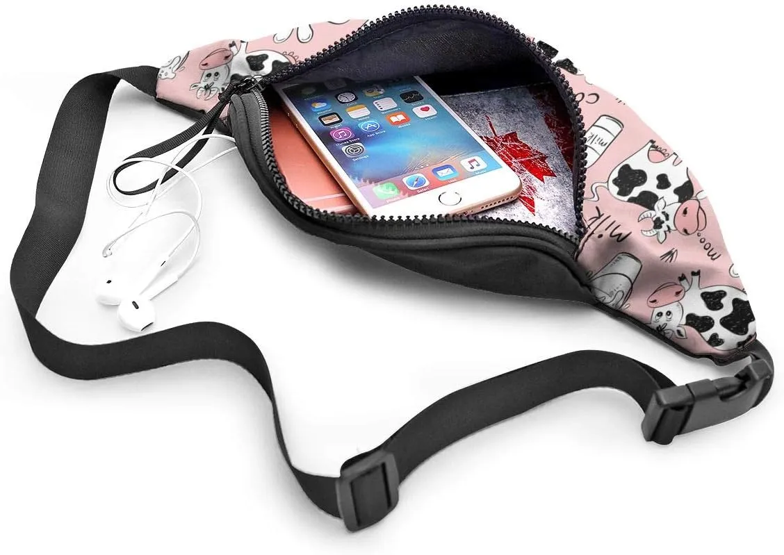Dujiea Fanny Pack, Funny Cow Milk Print Waist Bag with Headphone Hole Belt Bag Adjustable Sling Pocket Fashion Hip Bum Bag for Women Men Kids Outdoors Casual Travelling Hiking Cycling
