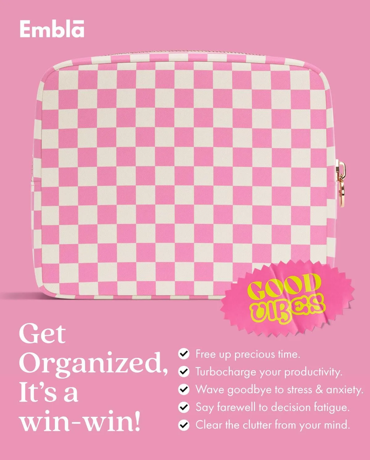 Embla Makeup Bag Travel Cosmetics Pouch and Toiletry Bag, Nylon Zipper Pouch Purse, Cute Make Up Organizer Storage Tote for Women Girls,Travel Skincare Case, Large Makeup Case, Flamingo Checkered
