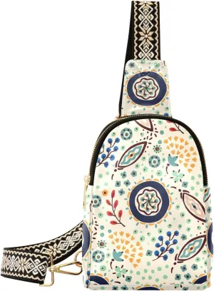 Ethnic Style Floral Fanny Pack Crossbody PC Leather Small Sling Bag for Women Colorful Pattern Fashion Waist Packs Chest Bag for Travel Sports Running Hiking