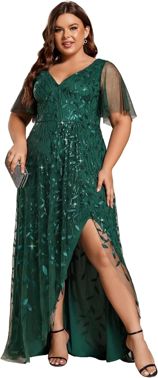 Ever-Pretty Women's Plus Size Gorgeous A Line Side Slit Sequin Embroidered Formal Evening Dress with Sleeves 02083-DA