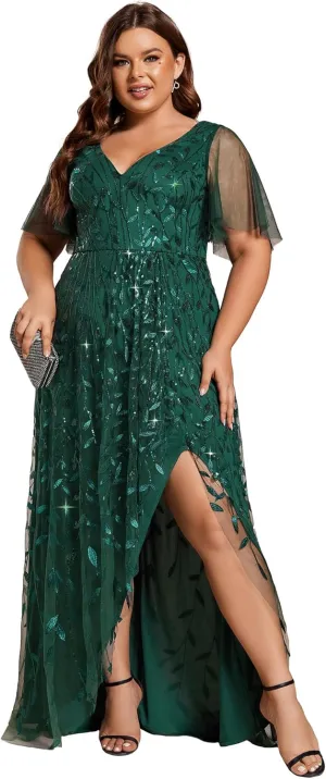 Ever-Pretty Women's Plus Size Gorgeous A Line Side Slit Sequin Embroidered Formal Evening Dress with Sleeves 02083-DA