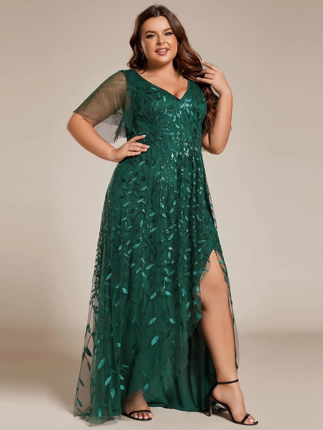 Ever-Pretty Women's Plus Size Gorgeous A Line Side Slit Sequin Embroidered Formal Evening Dress with Sleeves 02083-DA