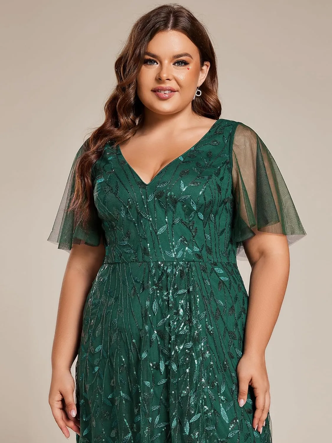 Ever-Pretty Women's Plus Size Gorgeous A Line Side Slit Sequin Embroidered Formal Evening Dress with Sleeves 02083-DA