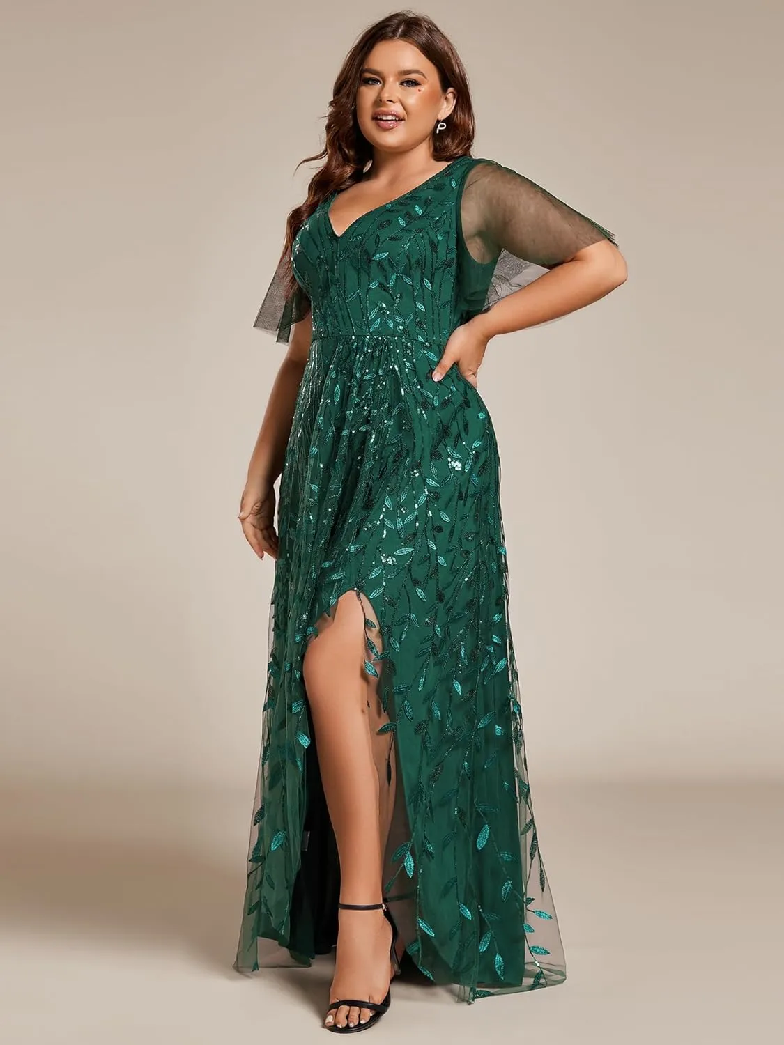 Ever-Pretty Women's Plus Size Gorgeous A Line Side Slit Sequin Embroidered Formal Evening Dress with Sleeves 02083-DA