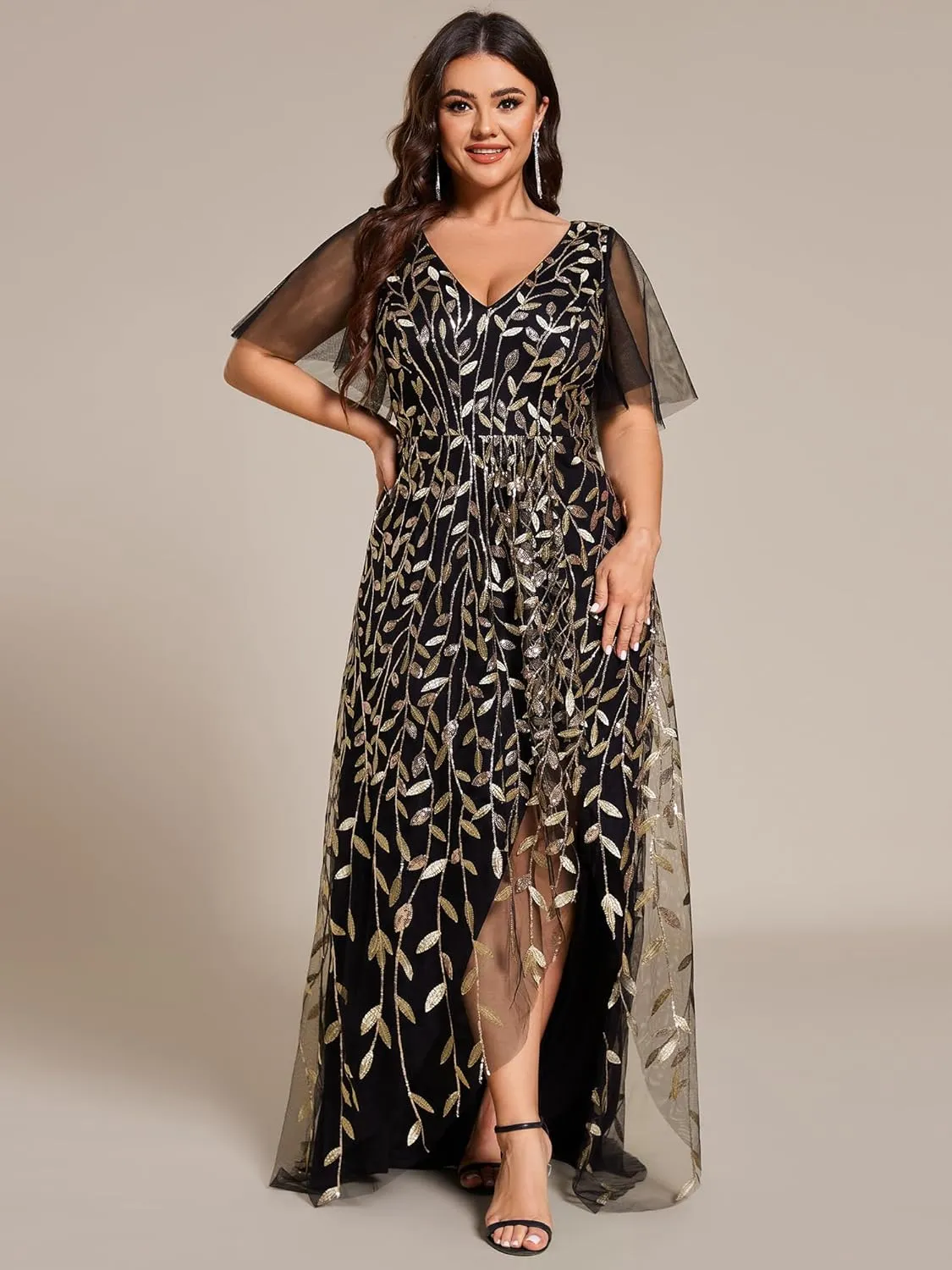 Ever-Pretty Women's Plus Size Gorgeous A Line Side Slit Sequin Embroidered Formal Evening Dress with Sleeves 02083-DA