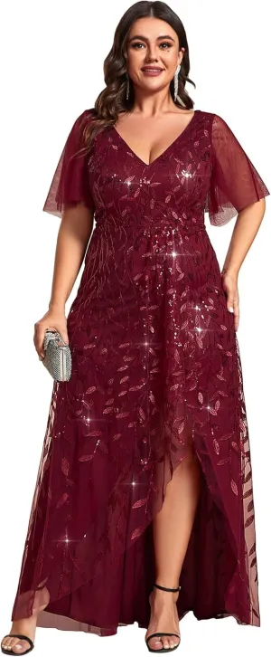 Ever-Pretty Women's Plus Size Gorgeous A Line Side Slit Sequin Embroidered Formal Evening Dress with Sleeves 02083-DA