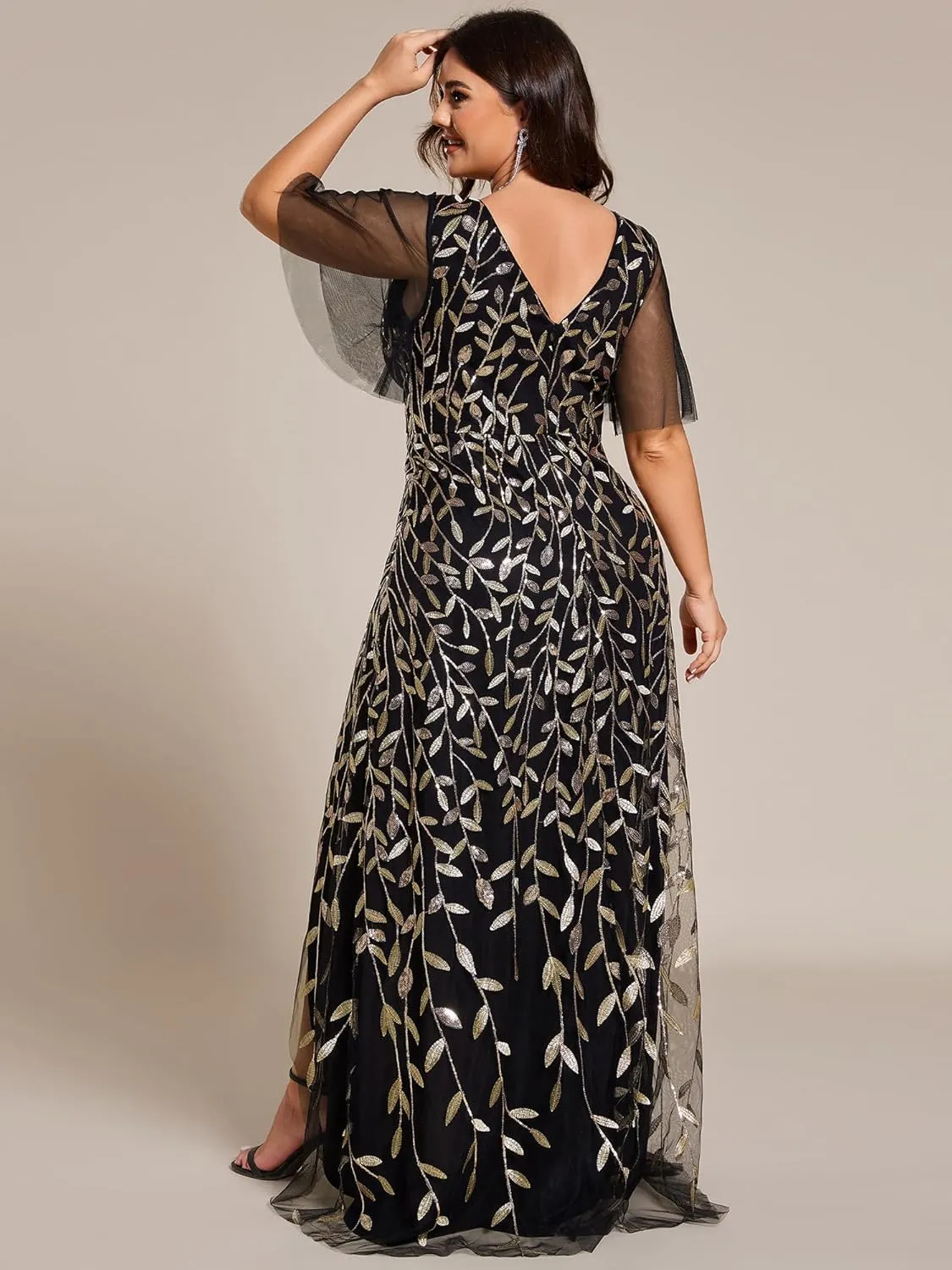 Ever-Pretty Women's Plus Size Gorgeous A Line Side Slit Sequin Embroidered Formal Evening Dress with Sleeves 02083-DA