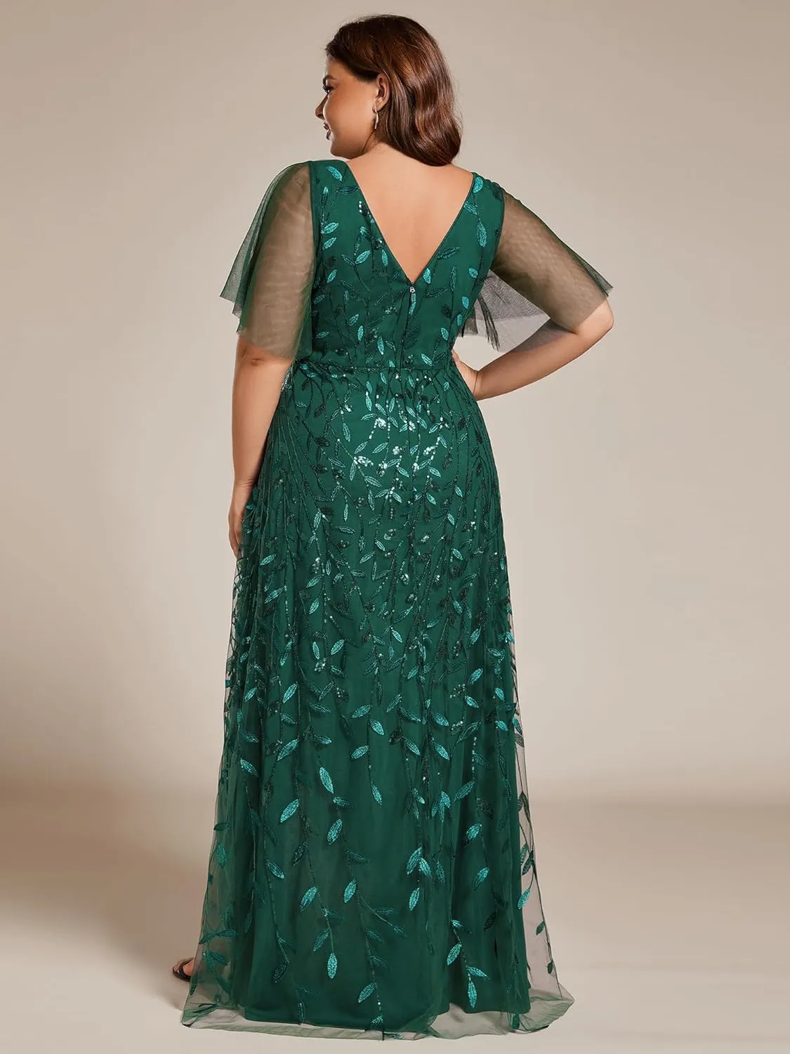 Ever-Pretty Women's Plus Size Gorgeous A Line Side Slit Sequin Embroidered Formal Evening Dress with Sleeves 02083-DA