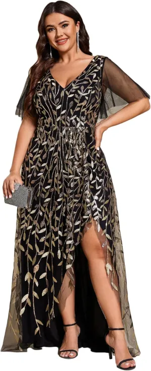 Ever-Pretty Women's Plus Size Gorgeous A Line Side Slit Sequin Embroidered Formal Evening Dress with Sleeves 02083-DA