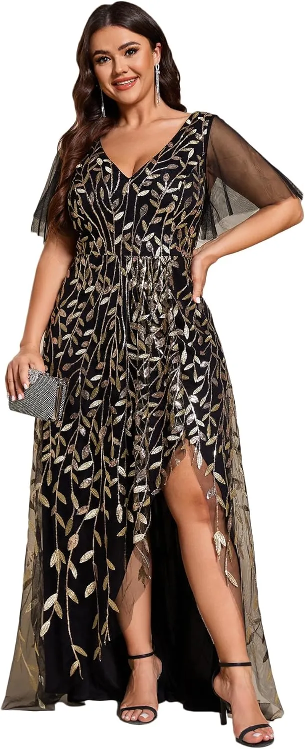 Ever-Pretty Women's Plus Size Gorgeous A Line Side Slit Sequin Embroidered Formal Evening Dress with Sleeves 02083-DA