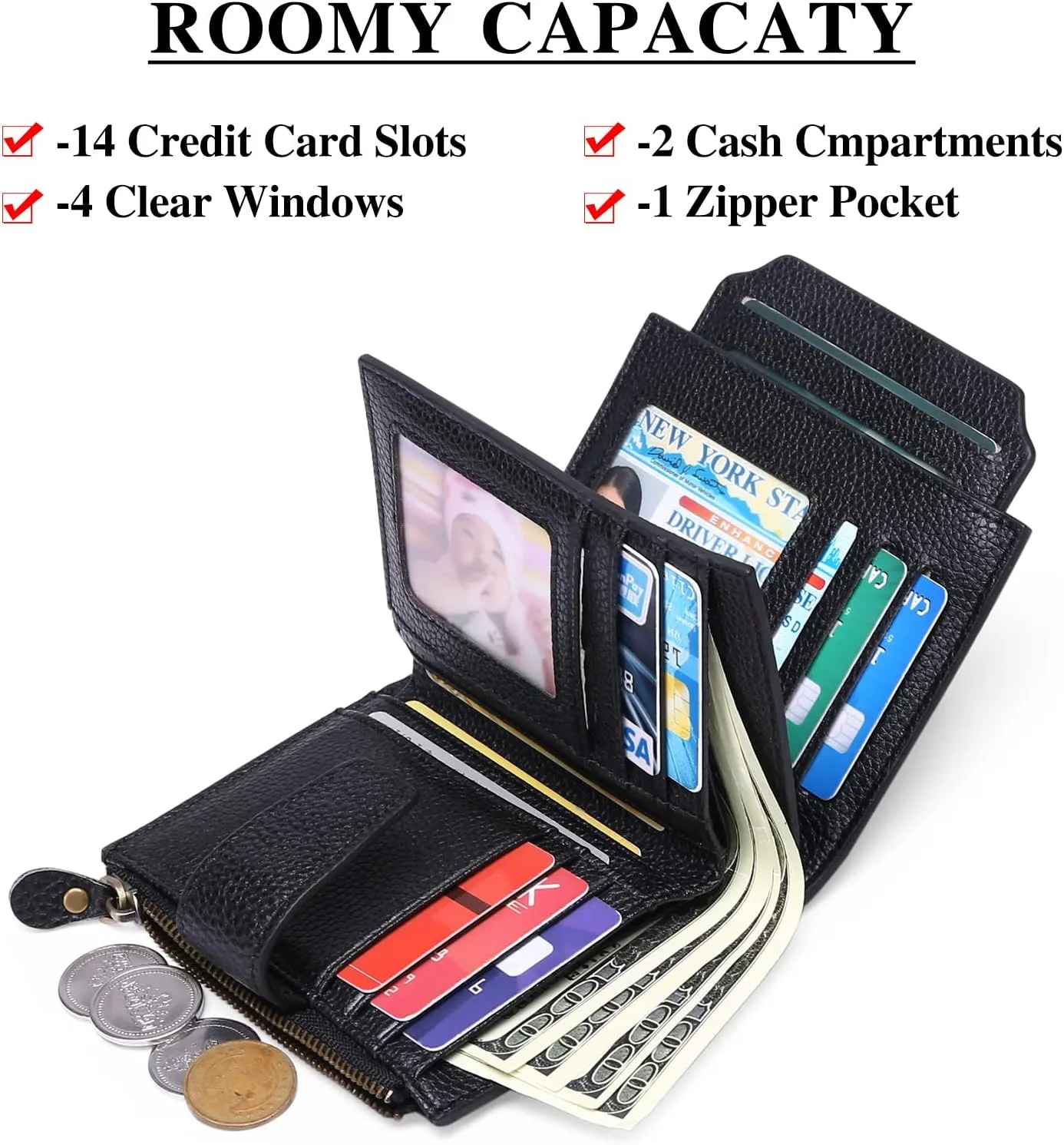 Falan Mule Women's Genuine Leather Wallet, Compact Size, RFID Blocking, Includes Coin Pouch, Card Holders, 14 Slots