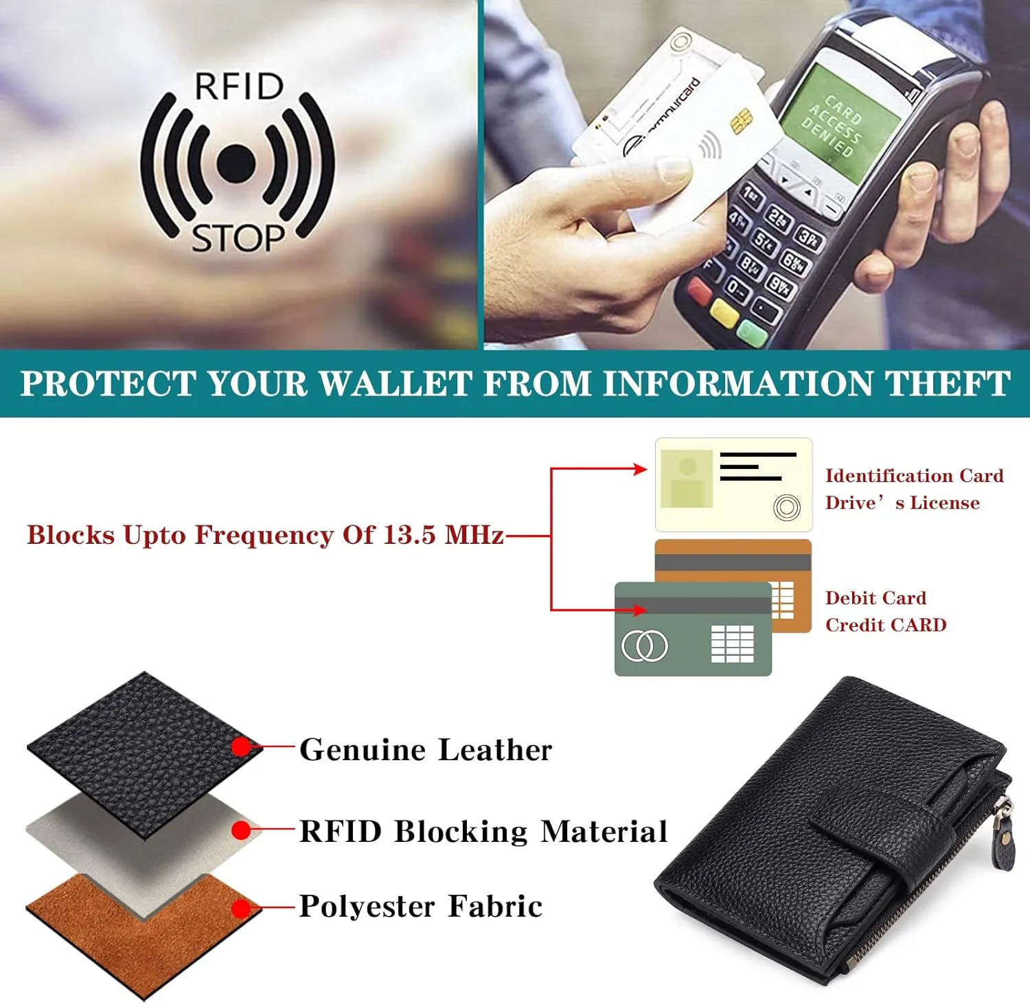 Falan Mule Women's Genuine Leather Wallet, Compact Size, RFID Blocking, Includes Coin Pouch, Card Holders, 14 Slots