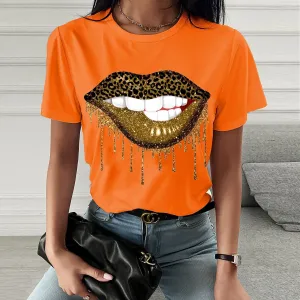 Fashion golden lip printing short-sleeved T-shirt