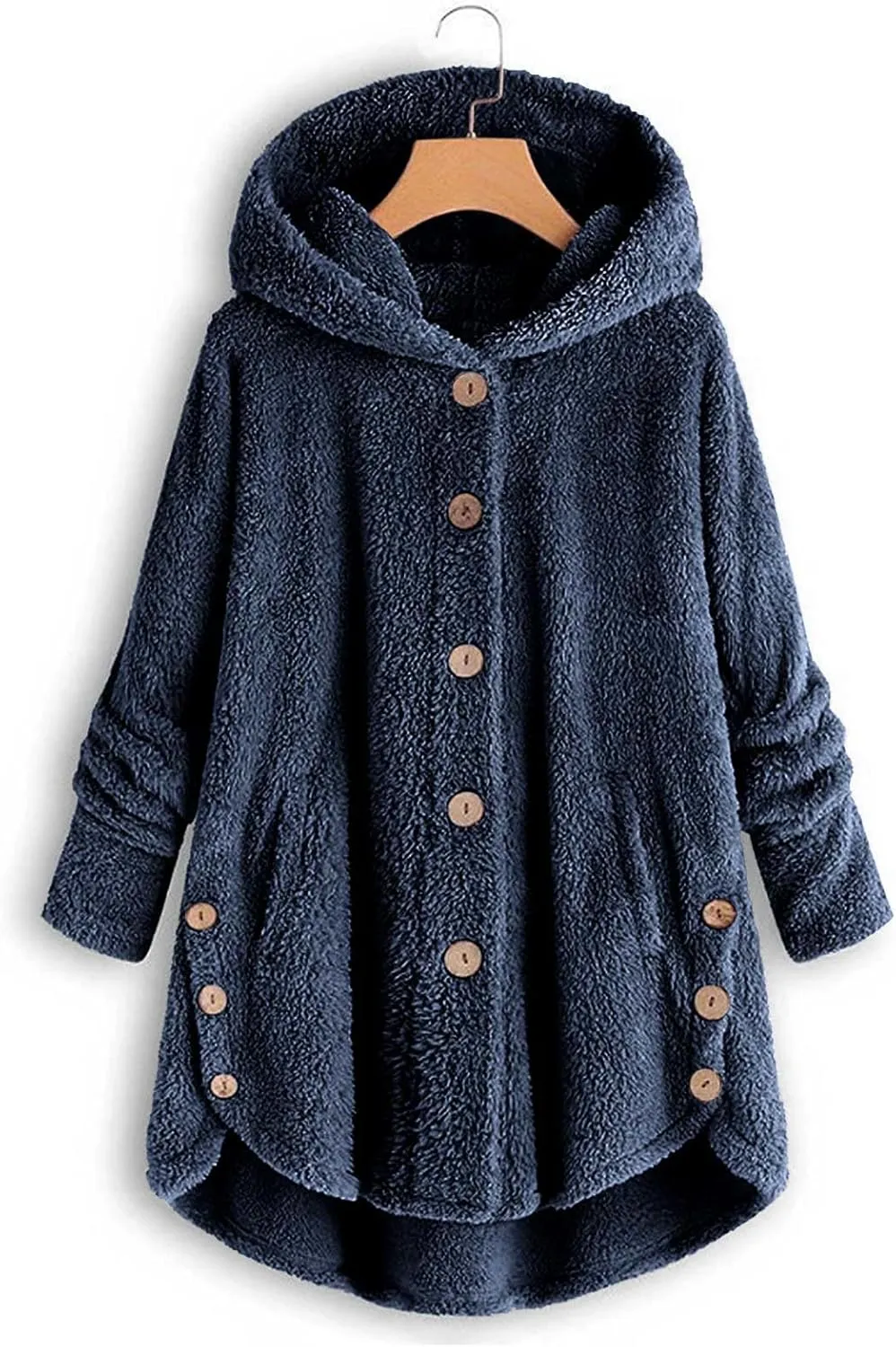 Fleece Coats for Women Plus Size Fuzzy Jacket Casual Hooded Warm Outerwear Solid Color Button Down Cardigan