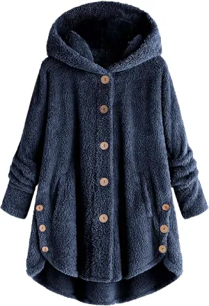 Fleece Coats for Women Plus Size Fuzzy Jacket Casual Hooded Warm Outerwear Solid Color Button Down Cardigan