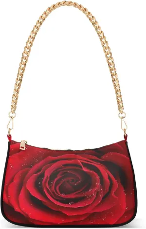Floral Flower Rose Shoulder Handbags for Women Travel Hobo Tote Handbag Women Gold Chain Shoulder Bags Purse with Zipper Closure